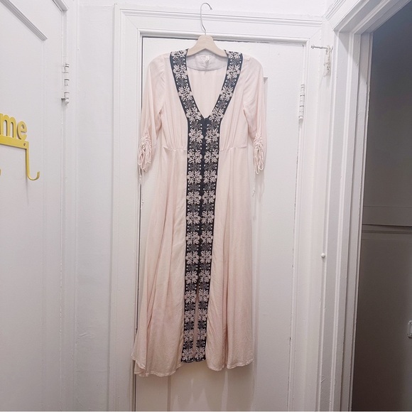 Free People Journey Horizon Embroidered Midi Dress Pink Black Bohemian Boho - Picture 3 of 10